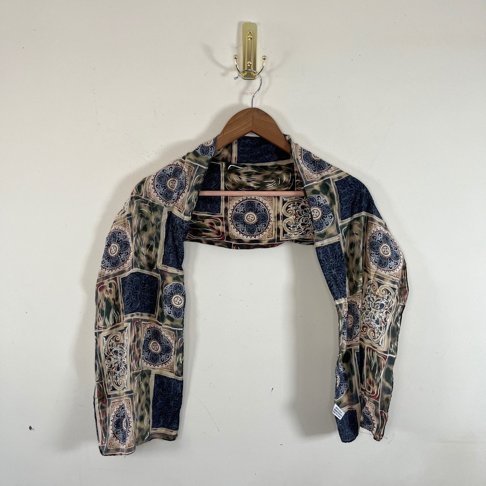 100% Silk Rectangle Scarf Geometric Pattern Made In Korea Hair Scarf Boho 11x54